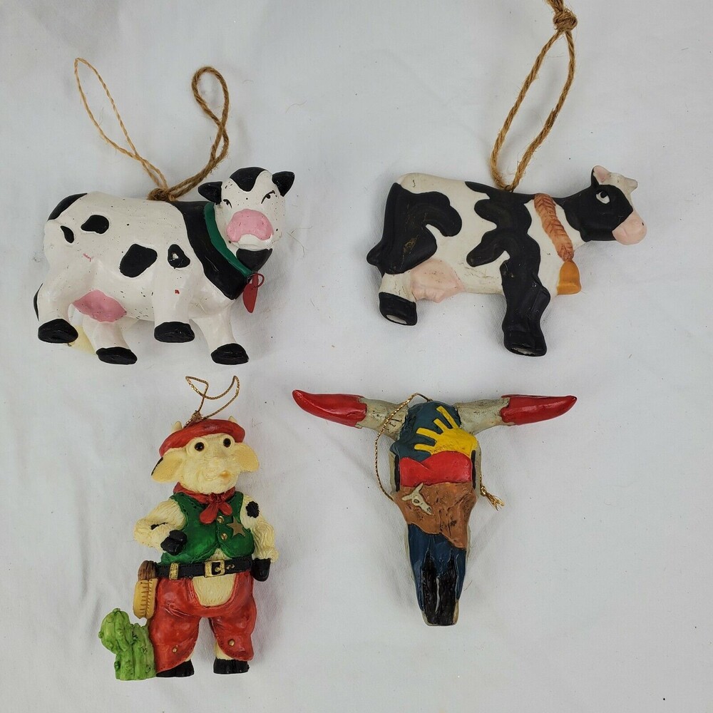 Lot of 4 Cow Theme Christmas Western Ornaments Skull Cowboy BellsResin Ceramic